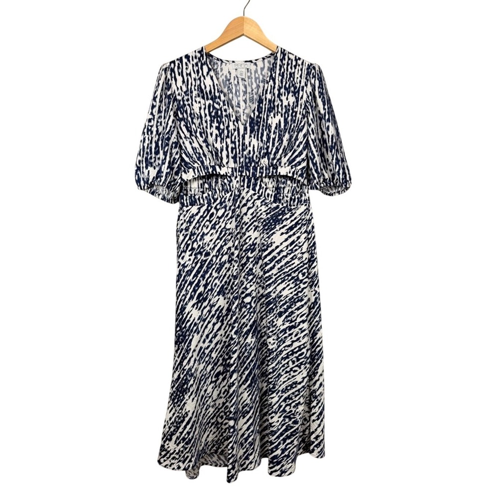 SOFIA VERGARA Navy White Abstract Print V Neck Midi Dress Women's M 8‎ 10